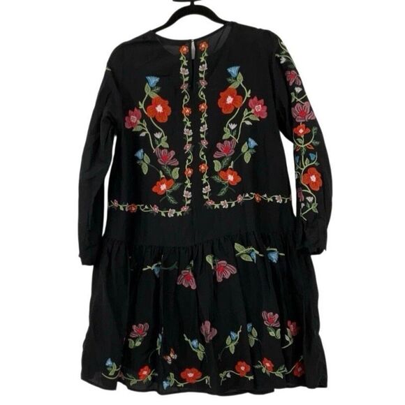 Zara Multicolor Boho Floral Embroidered Long Sleeve Babydoll Mini Dress Size Med - Picture 2 of 9